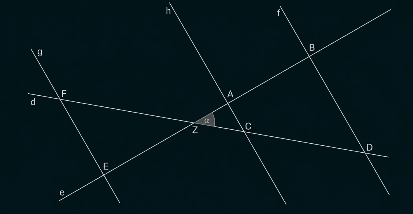 Geometrische Zeichnung mit mehreren sich schneidenden Geraden, markierten Punkten und dem Winkel α.